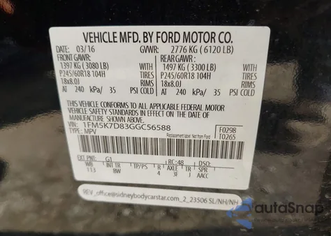 2016 Ford Explorer Xlt from USA, damaged, VIN 1FM5K7D83GGC56588